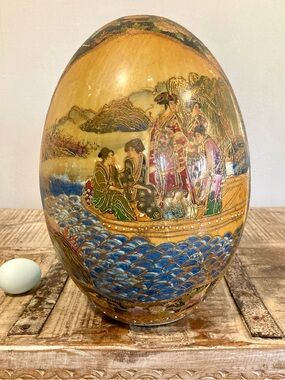 12” Decorative Ceramic Egg with Gold Accents Geishas Satsuma